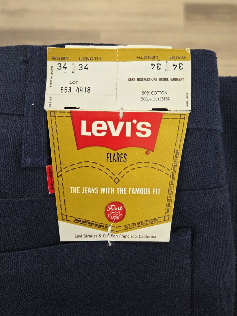 VTG 70s Levis 663 Flare Bell Bottom Pants NWT Deadstock 34x34 Navy Blue USA Made - Picture 1 of 9